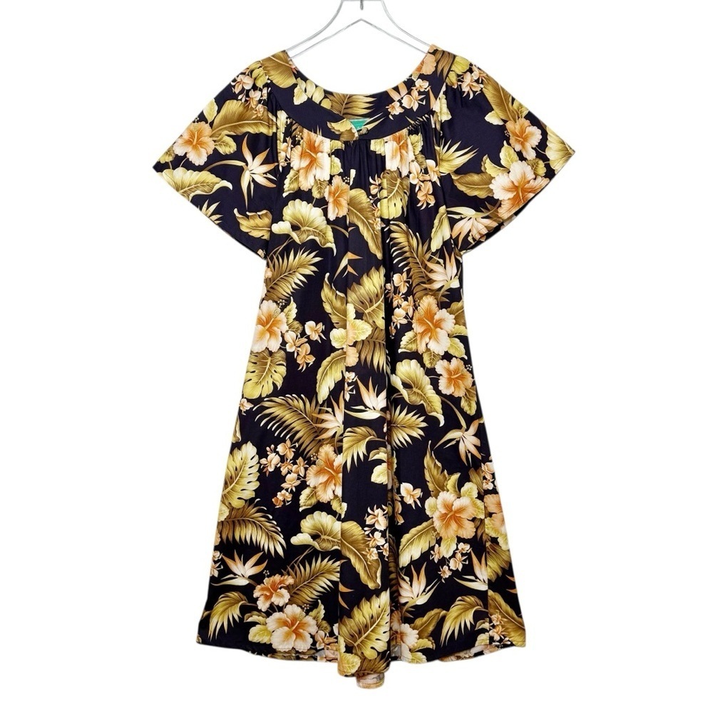 Vintage Jade Fashions Hawaiian Floral Palm Leaves Women’s Midi Cotton Dress Sz L